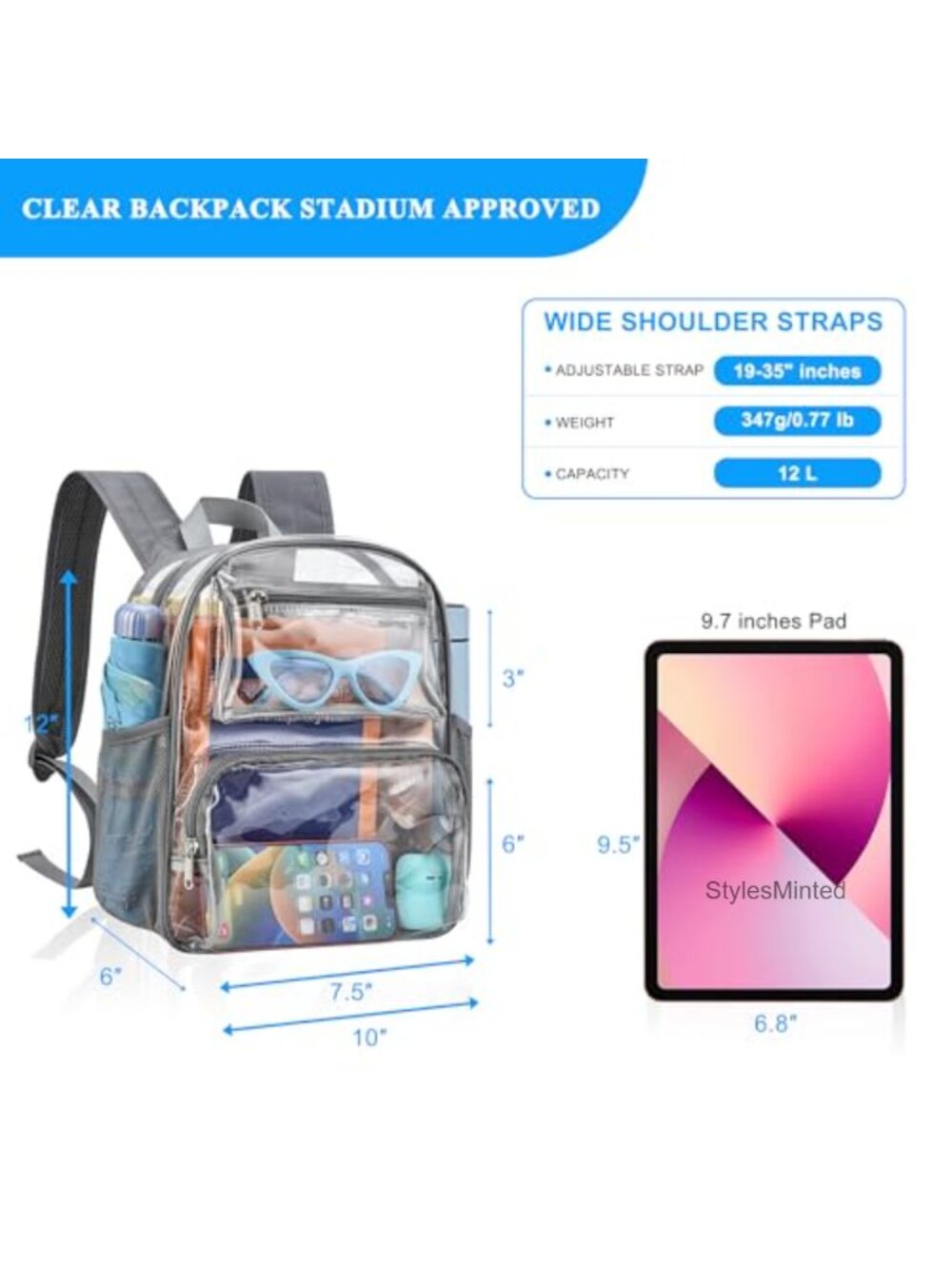 Clear Backpack Stadium Approved Water-Resistant PVC Daypack with Padded Strap - Picture 2 of 5